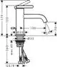 Einhebel-Waschtischmischer mit Hebelgriff und Zugstangen-Ablaufgarnitur. Produkt von AXOR, dargestellt in technischer Zeichnung. Maße und Details sind schematisch ausgeführt.